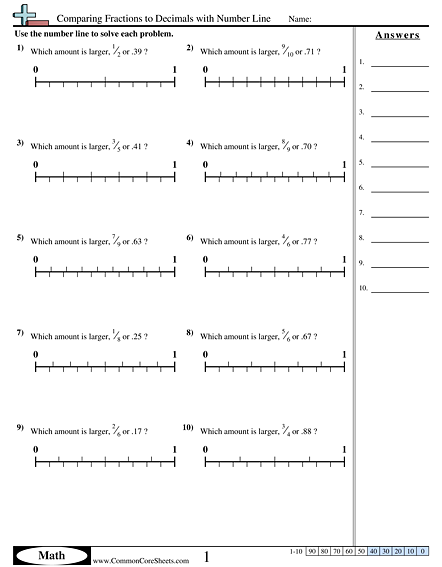 Comparing Fractions to Decimals with Number Line Worksheet - Comparing Fractions to Decimals with Number Line worksheet